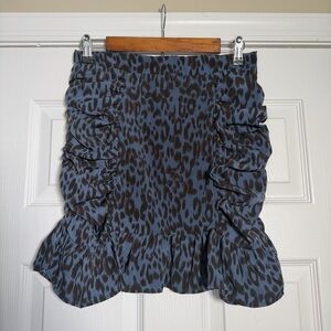 Blue & Black Leopard Print Ruffle Ruched Mini Summer Skirt W/ Zipper